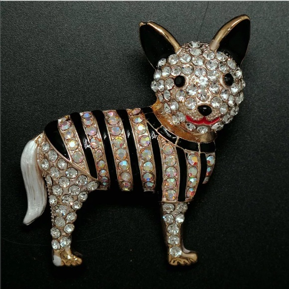 Striped Dog Rhinestone Brooch Pin - Picture 2 of 4